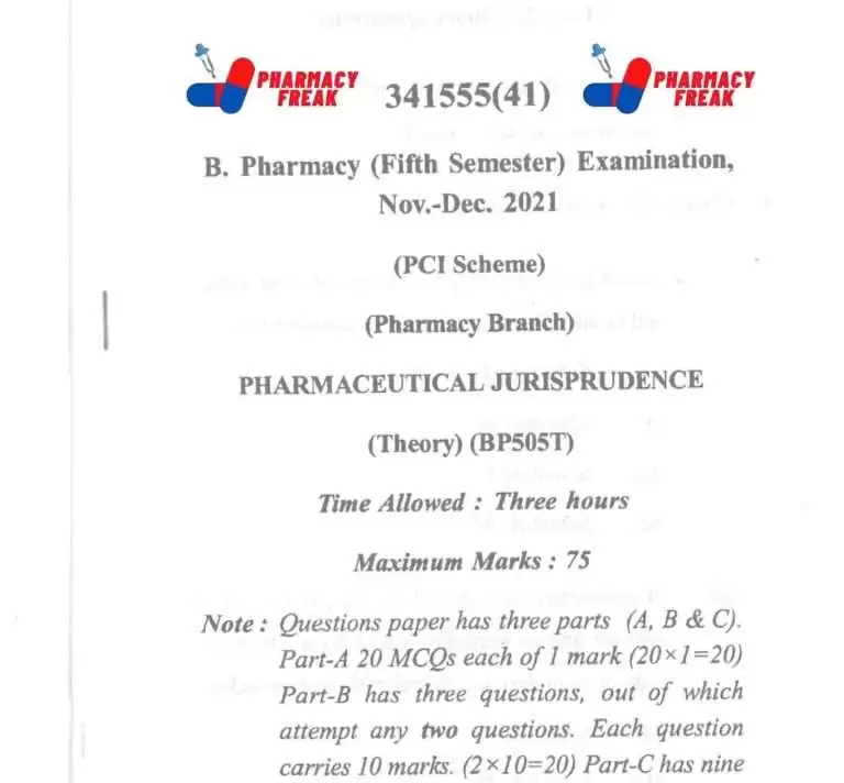 CSVTU B PHARMA PHARMACEUTICAL JURISPRUDENCE 5TH SEM PREVIOUS YEAR QUESTION PAPER