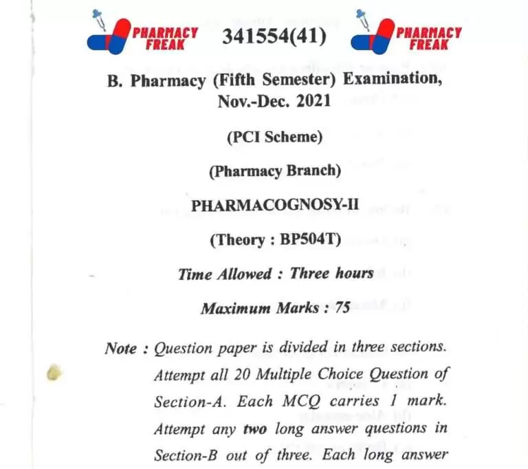 CSVTU B pharma pharmacognosy-II 5th SEM PREVIOUS YEAR QUESTION PAPER