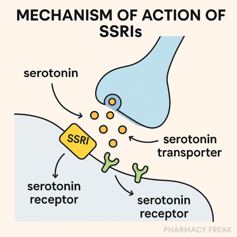 SSRIs mechanism – serotonin reuptake inhibition in synaptic cleft