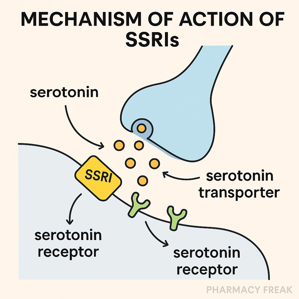 SSRIs mechanism – serotonin reuptake inhibition in synaptic cleft