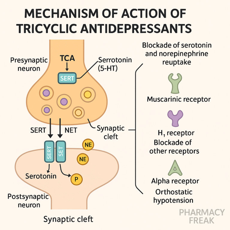 TCA mechanism – serotonin and norepinephrine reuptake inhibition with receptor blockade
