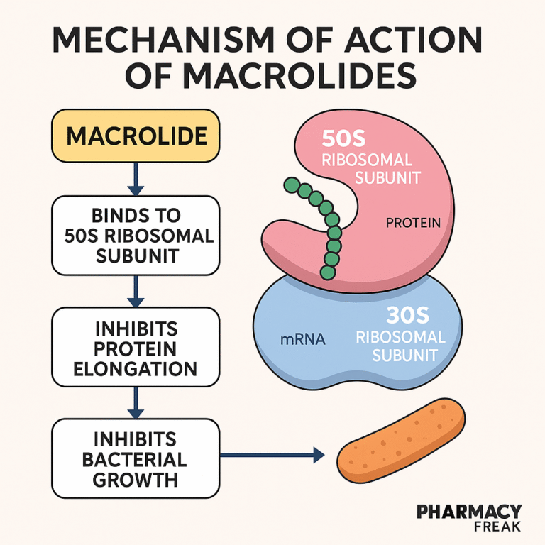 Macrolide MOA – 50S ribosome binding and protein synthesis inhibition