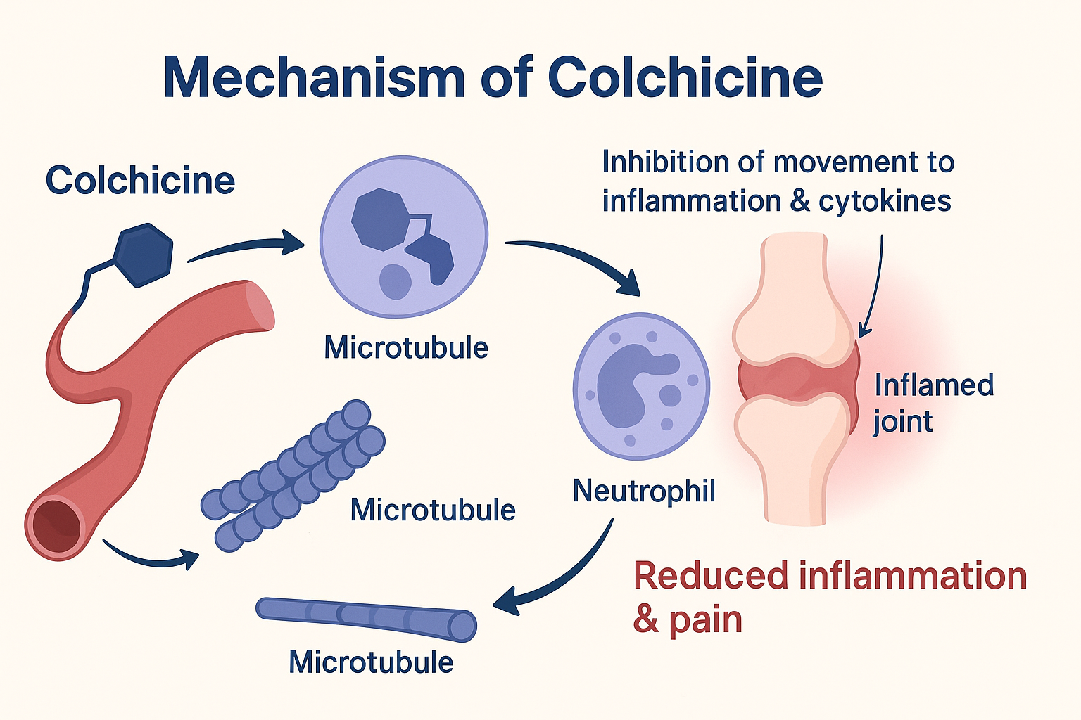 Colchicine MOA – Inhibition of microtubule polymerization in neutrophils