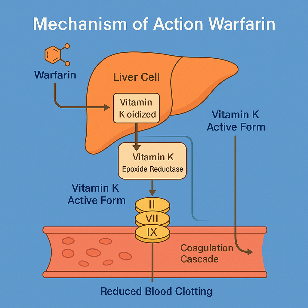 Mechanism of action of Warfarin: inhibition of vitamin K epoxide reductase in liver cells, reducing clotting factors and blood coagulation.