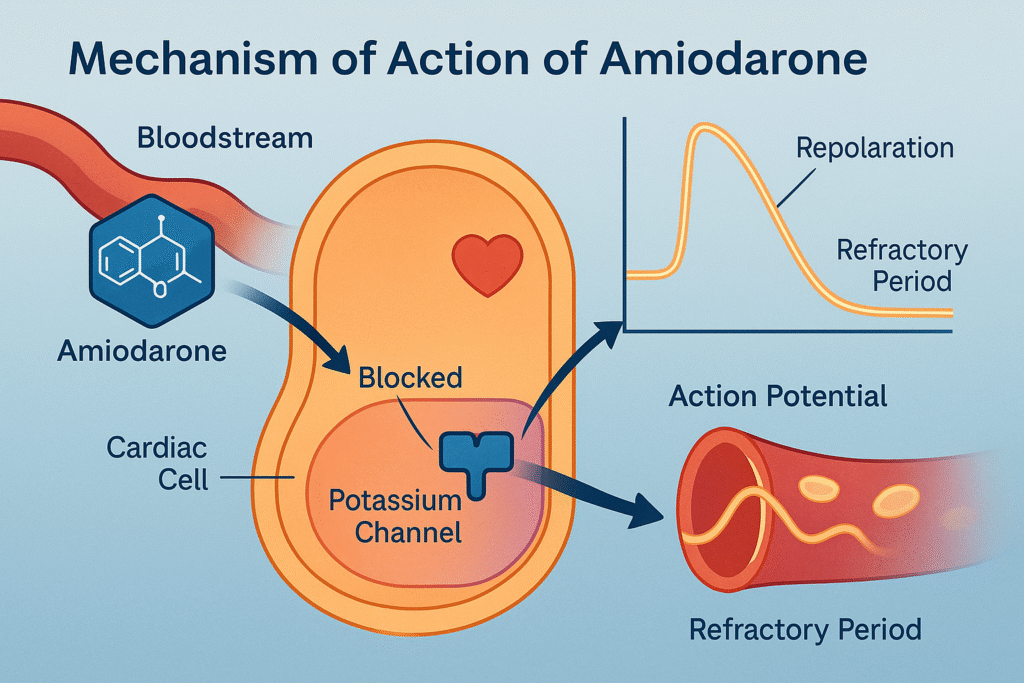 Amiodarone MOA – Multi-class antiarrhythmic with K⁺ channel blockade