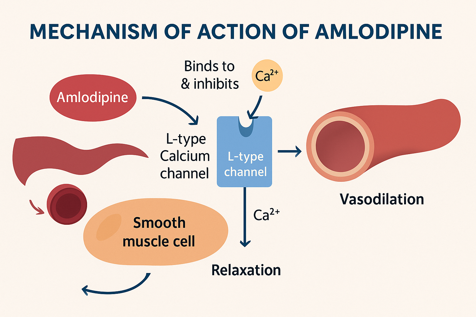 Amlodipine MOA – L-type calcium channel blocker causing vasodilation