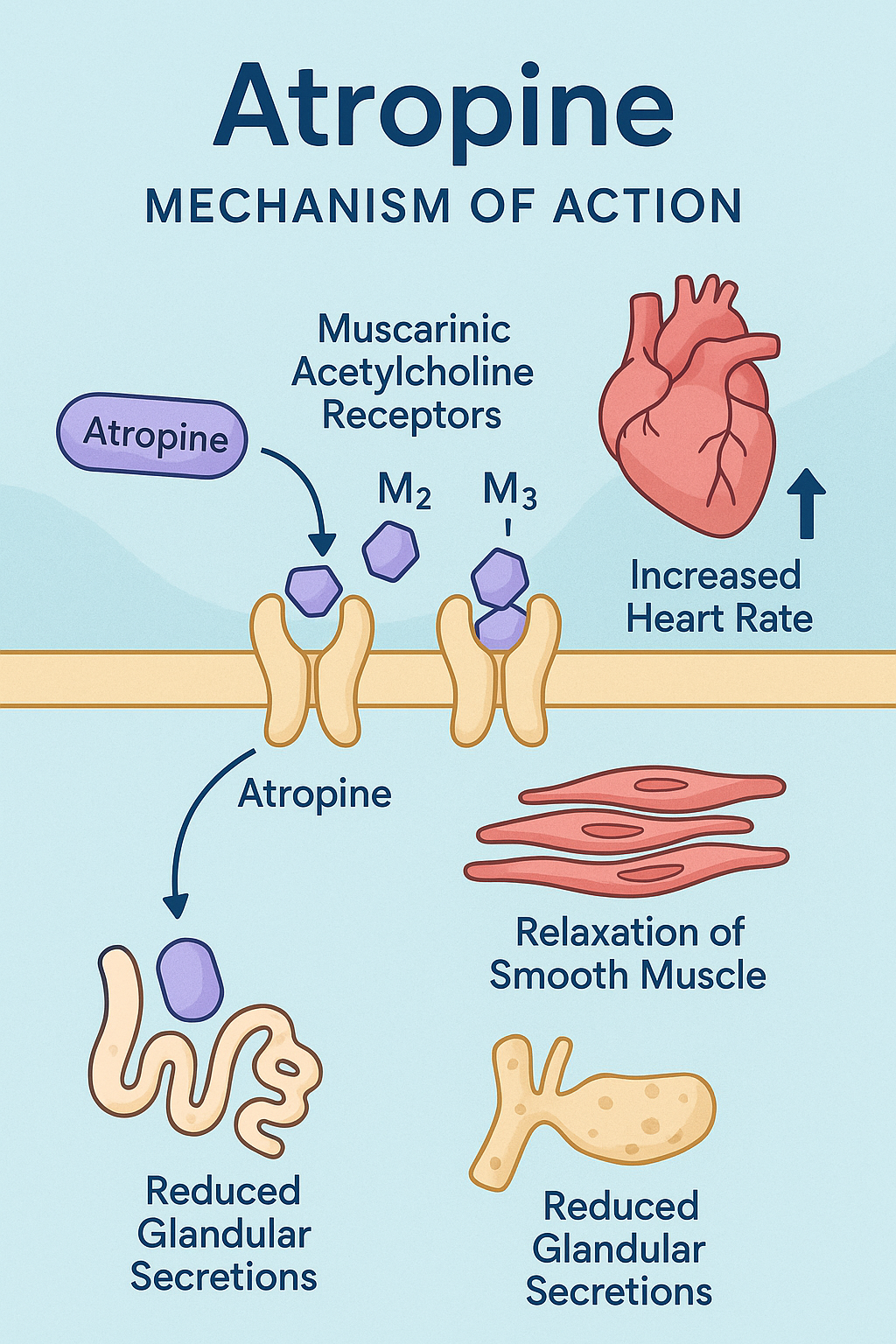 Mechanism of action of Atropine showing blockade of muscarinic acetylcholine receptors (M2, M3) in heart, smooth muscle, and glands to inhibit parasympathetic activity.