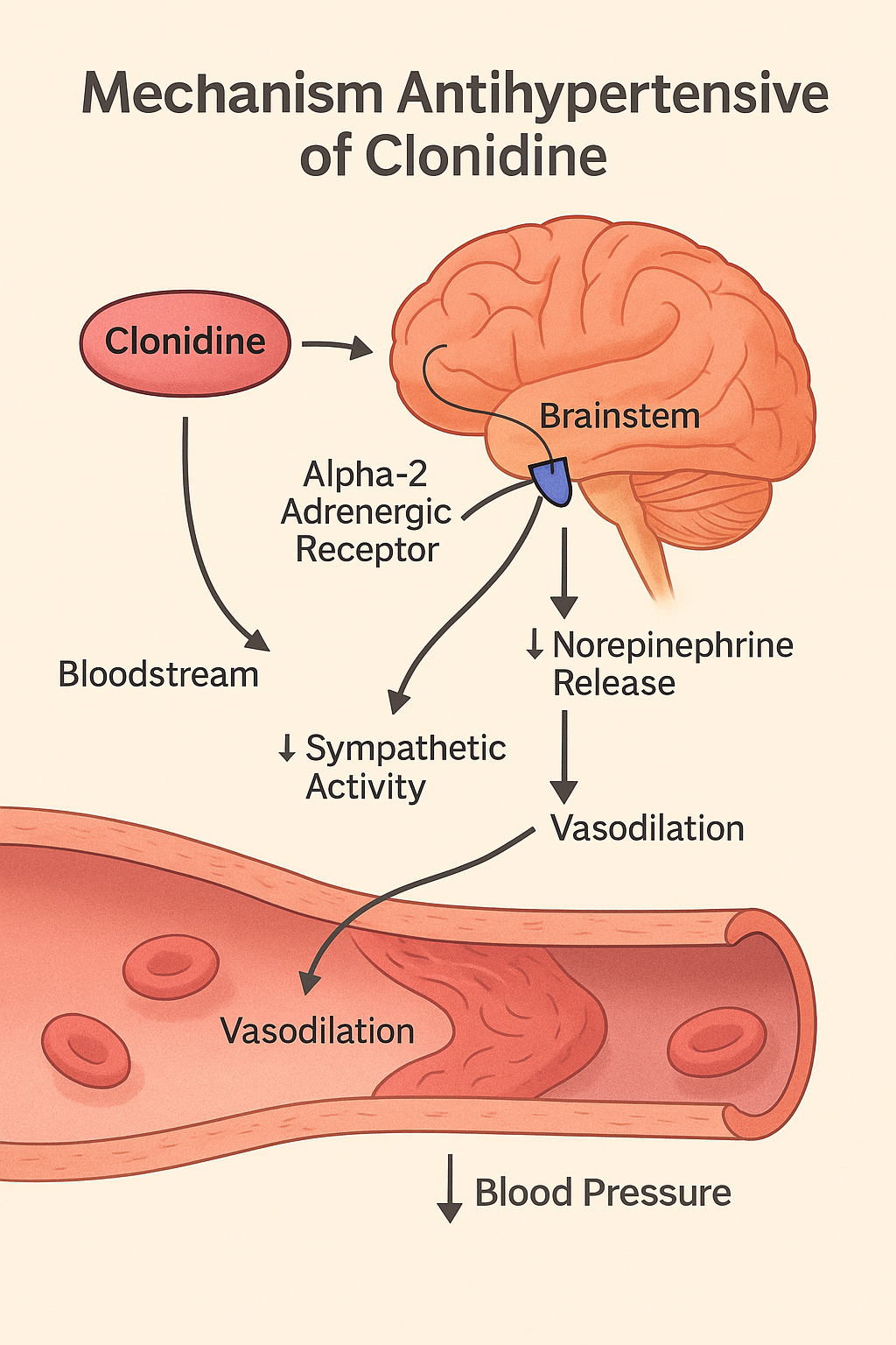 Mechanism of action of Clonidine showing alpha-2 adrenergic receptor binding in the brainstem, reduced norepinephrine release, and decreased sympathetic tone leading to vasodilation and lower blood pressure.