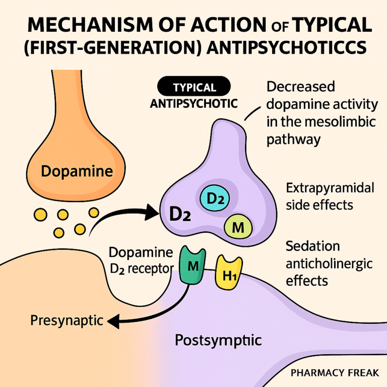 Typical antipsychotics MOA – D2 receptor antagonism in mesolimbic pathway