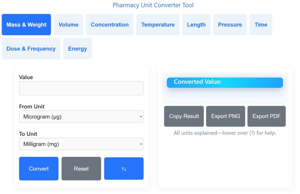 Pharmacy Unit Converter Tool Screenshot