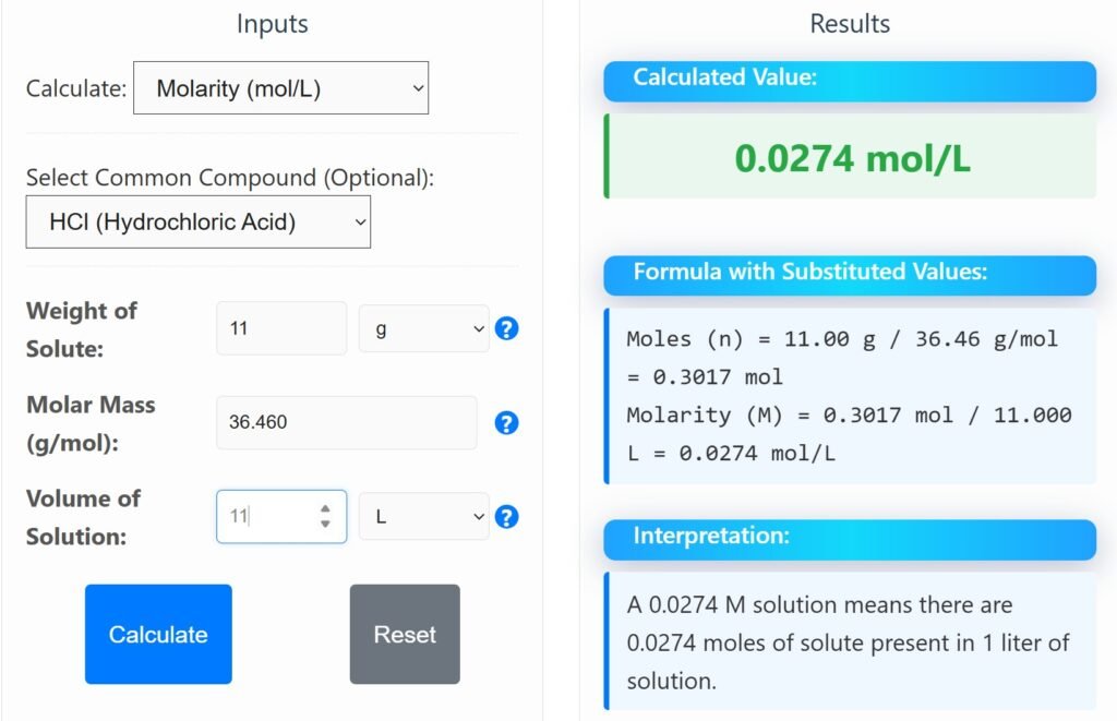 Molarity Calculator Screenshot