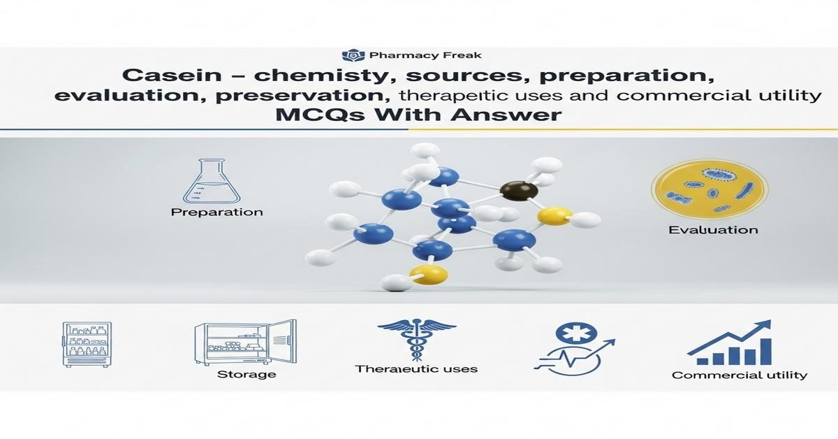 Casein – chemistry, sources, preparation, evaluation, preservation, storage, therapeutic uses and commercial utility MCQs With Answer