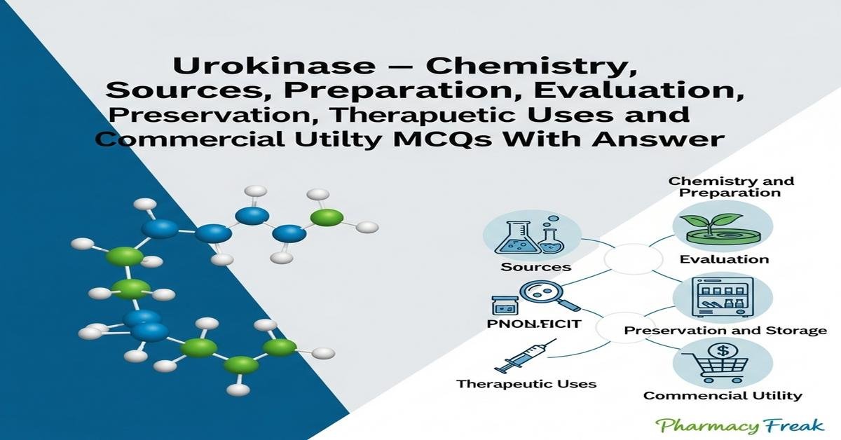 Urokinase – chemistry, sources, preparation, evaluation, preservation, storage, therapeutic uses and commercial utility MCQs With Answer