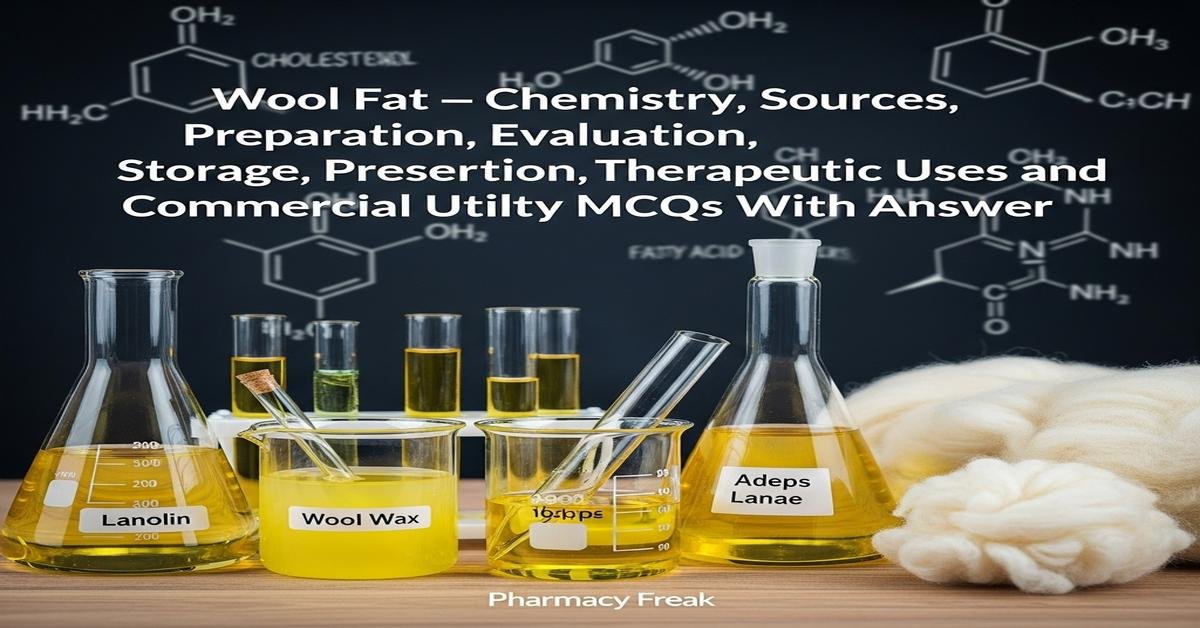 Wool fat – chemistry, sources, preparation, evaluation, preservation, storage, therapeutic uses and commercial utility MCQs With Answer