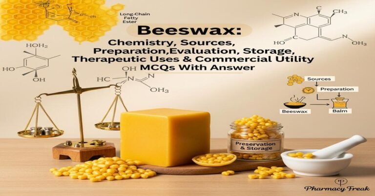 Bees wax – chemistry, sources, preparation, evaluation, preservation, storage, therapeutic uses and commercial utility MCQs With Answer