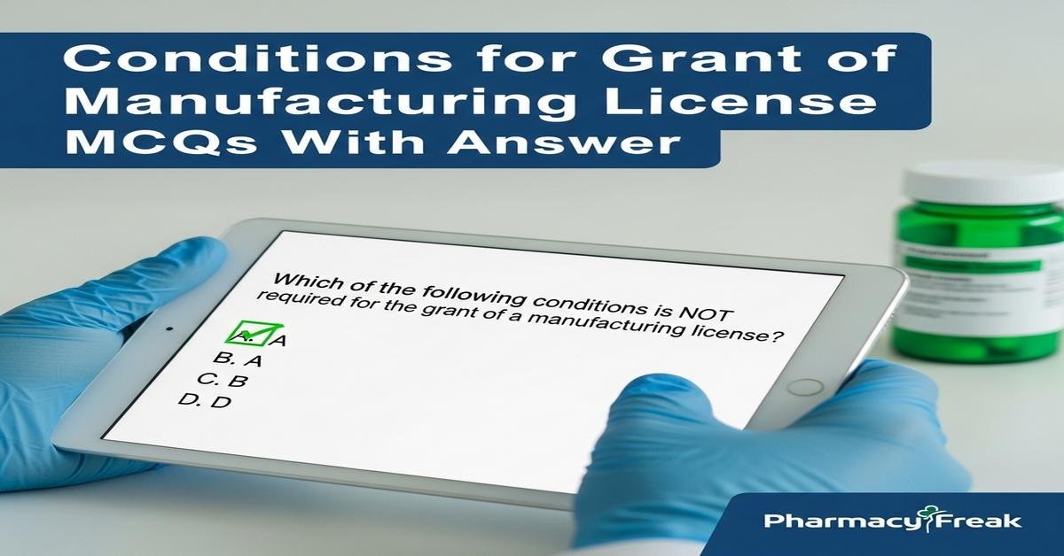 Conditions for grant of manufacturing license MCQs With Answer