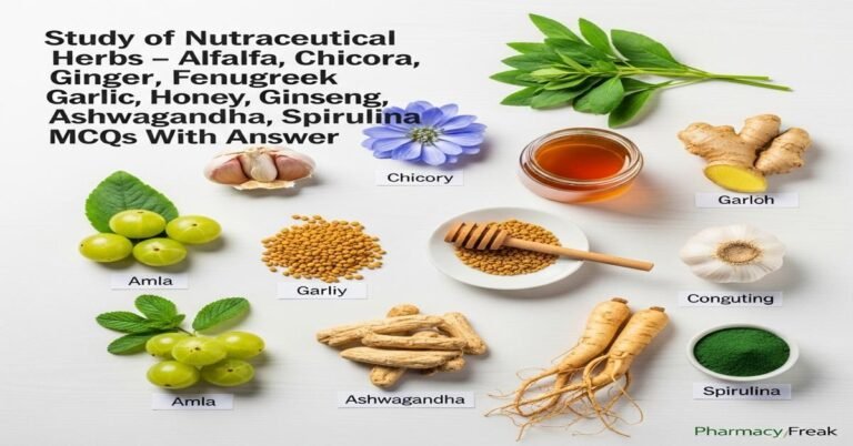 Study of nutraceutical herbs – Alfalfa, Chicory, Ginger, Fenugreek, Garlic, Honey, Amla, Ginseng, Ashwagandha, Spirulina MCQs With Answer