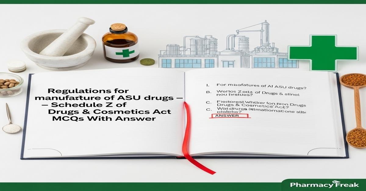 Regulations for manufacture of ASU drugs – Schedule Z of Drugs & Cosmetics Act MCQs With Answer