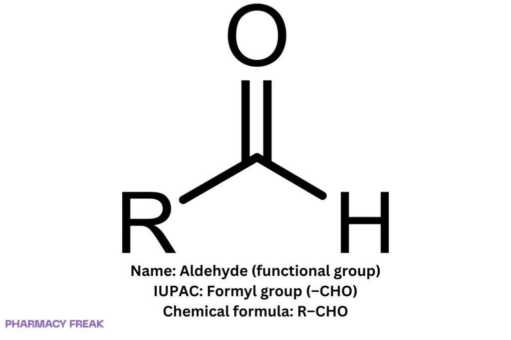 Generic aldehyde structure (R–CHO): terminal, sp² planar carbonyl; electrophilic C=O with diagnostic aldehydic C–H band; participates in nucleophilic addition, acetal formation, and redox interconversions.
