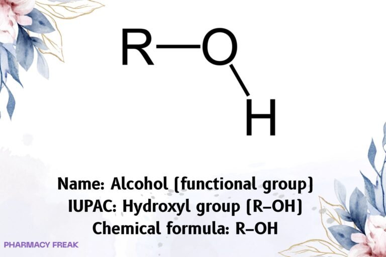Alcohol functional group (hydroxyl), generic 2D structure R–OH with hydrogen bonding concept