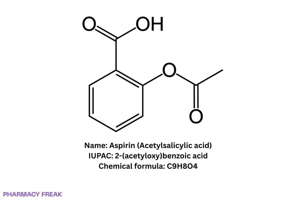 Aspirin (acetylsalicylic acid) skeletal formula. Formula C₉H₈O₄; CAS 50-78-2.