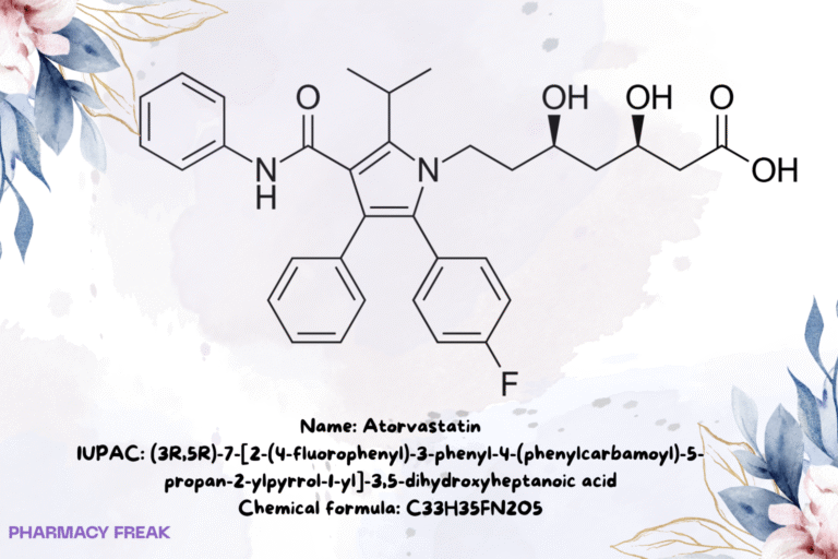 Atorvastatin chemical structure (statin), 2D skeletal formula, C33H35FN2O5
