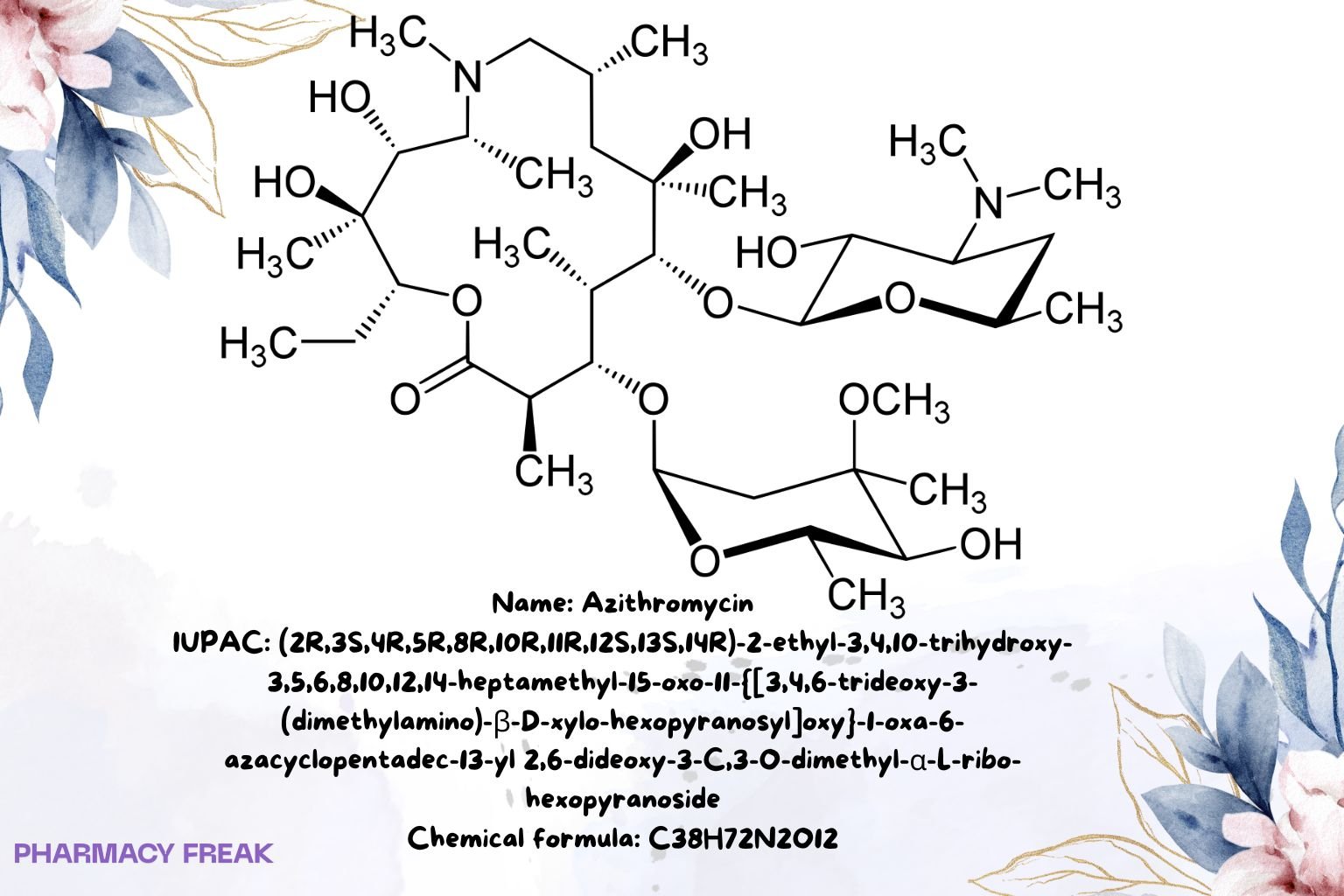 Azithromycin chemical structure (azalide macrolide), 2D skeletal formula, C38H72N2O12