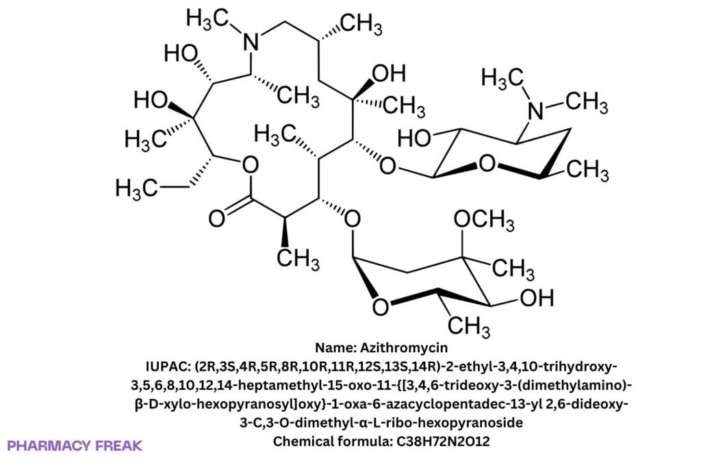 Azithromycin 2D chemical structure (15-membered azalide macrolide). Formula C38H72N2O12; IUPAC systematic name; CAS 83905-01-5.