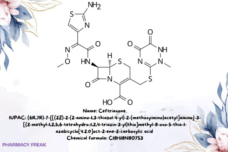 Ceftriaxone chemical structure, 2D skeletal formula, C18H18N8O7S3