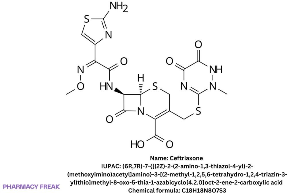 Ceftriaxone chemical structure, 2D skeletal formula, C18H18N8O7S3