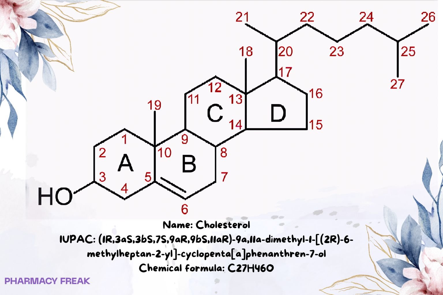 Cholesterol chemical structure (sterol), 2D skeletal formula, C27H46O