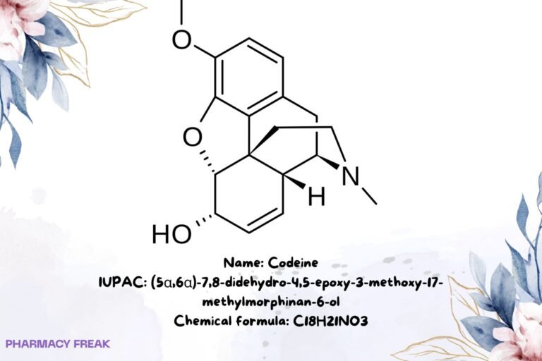 Codeine chemical structure (morphinan opioid), 2D skeletal formula, C18H21NO3