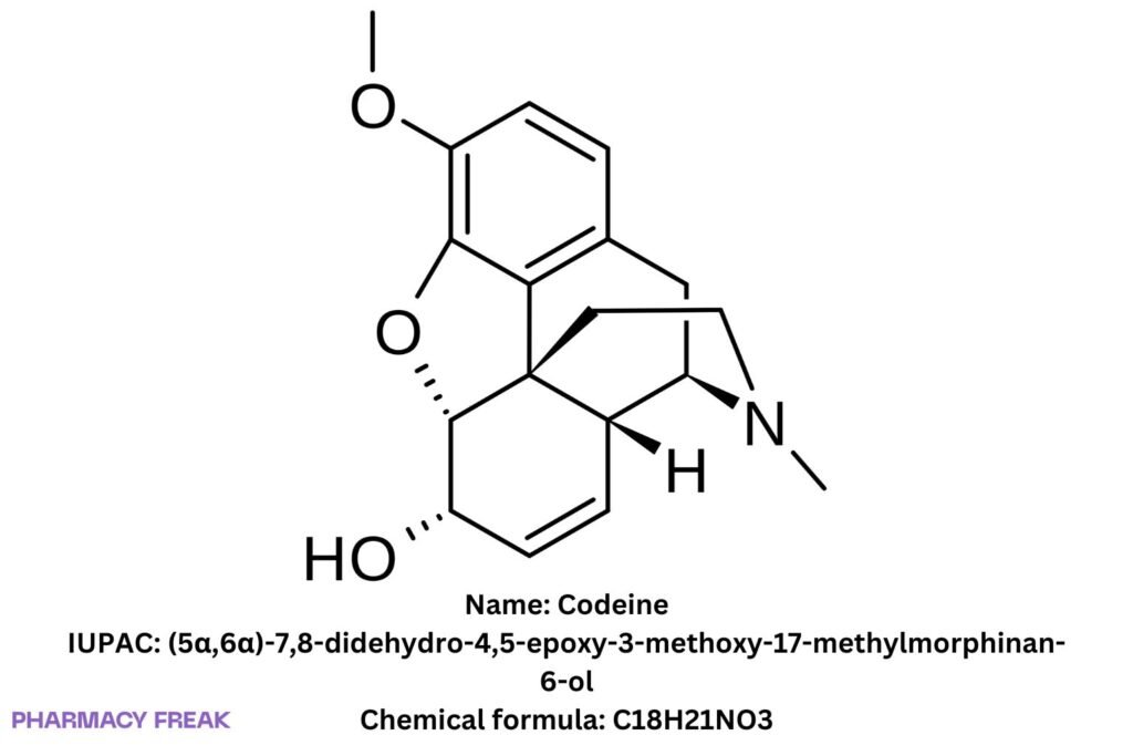 Codeine 2D chemical structure (phenanthrene/morphinan). Formula C18H21NO3; IUPAC (5α,6α)-7,8-didehydro-4,5-epoxy-3-methoxy-17-methylmorphinan-6-ol; CAS 76-57-3.