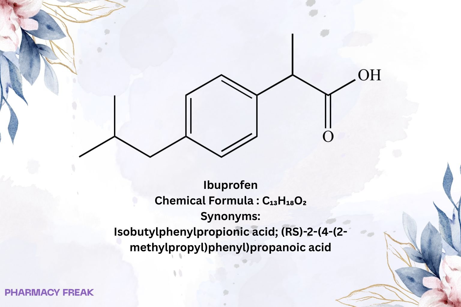 Ibuprofen 2D chemical structure (propionic-acid NSAID), C13H18O2