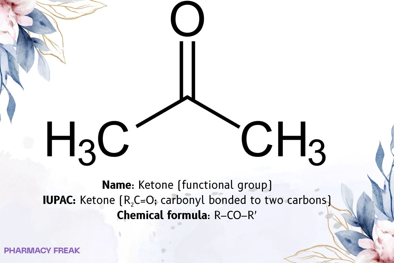 Ketone functional group, 2D skeletal formula R–C(=O)–R′ (no hydrogens on carbonyl carbon), carbonyl compound