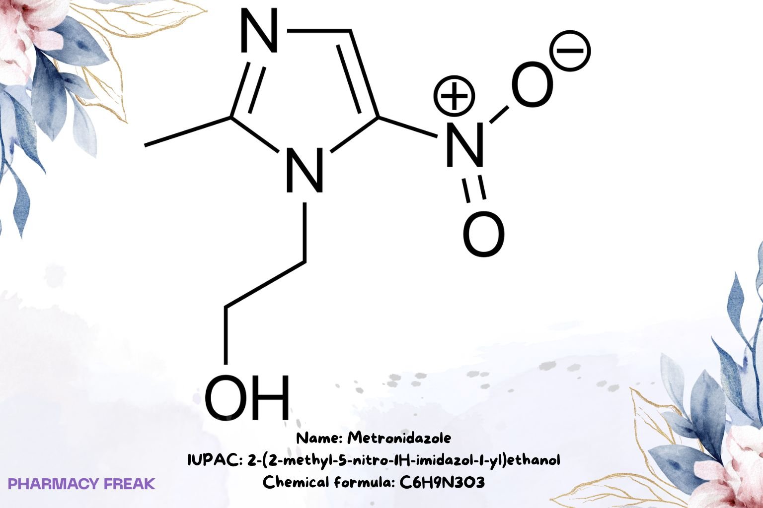 Metronidazole chemical structure (nitroimidazole), 2D skeletal formula, C6H9N3O3