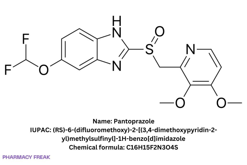 Pantoprazole 2D chemical structure (substituted benzimidazole sulfoxide). Formula C16H15F2N3O4S; IUPAC (RS)-6-(difluoromethoxy)-2-[(3,4-dimethoxypyridin-2-yl)methylsulfinyl]-1H-benzimidazole; CAS 102625-70-7.