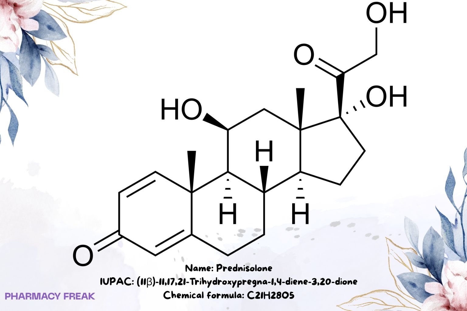 Prednisolone chemical structure (glucocorticoid), 2D skeletal formula, C21H28O5