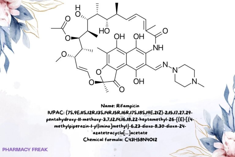 Rifampicin chemical structure (ansamycin rifamycin), 2D skeletal formula, C43H58N4O12