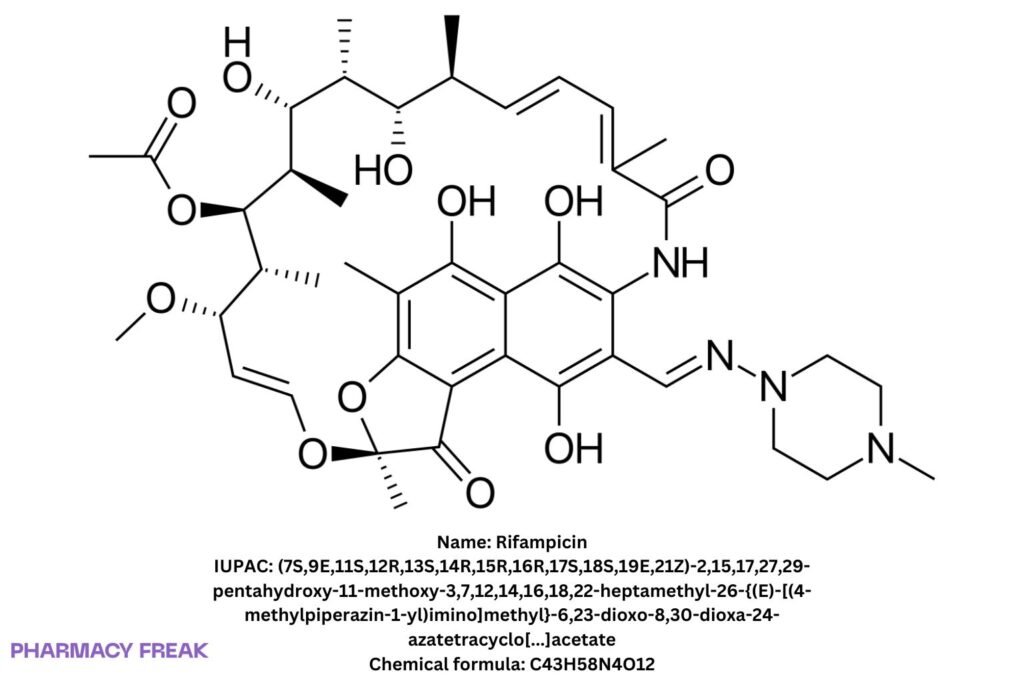 Rifampicin 2D chemical structure (ansamycin rifamycin). Formula C43H58N4O12; IUPAC long systematic name; CAS 13292-46-1.