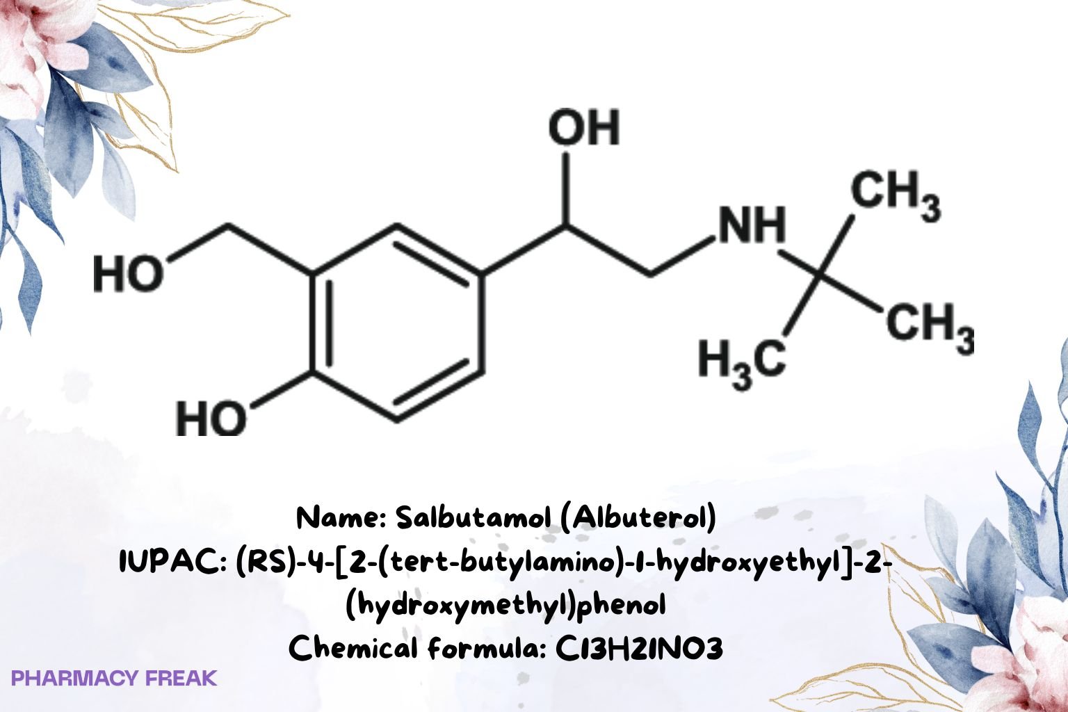 Salbutamol (albuterol) chemical structure, 2D skeletal formula, C13H21NO3