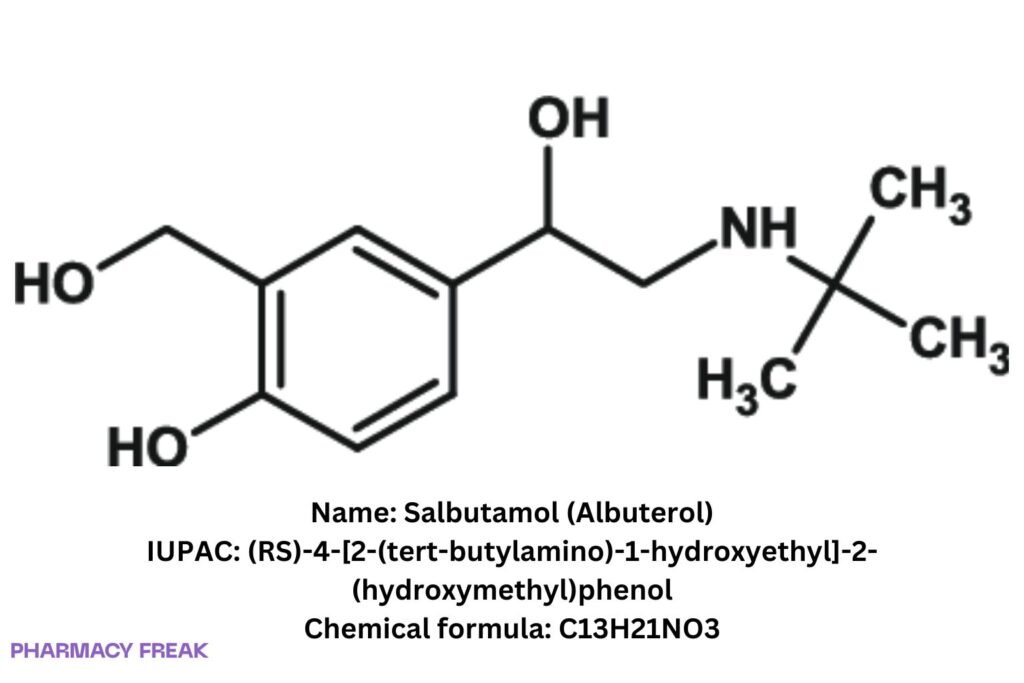 Salbutamol (albuterol) 2D chemical structure. Formula C13H21NO3; IUPAC long name; CAS 18559-94-9; UNII QF8SVZ843E.