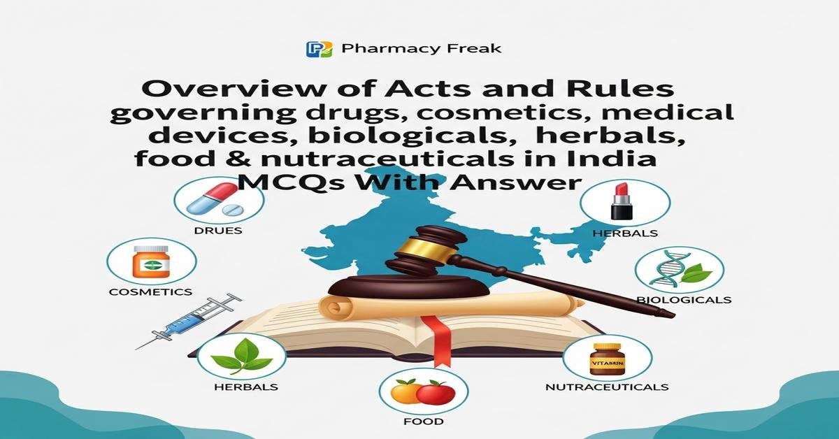 Overview of Acts and Rules governing drugs, cosmetics, medical devices, biologicals, herbals, food & nutraceuticals in India MCQs With Answer