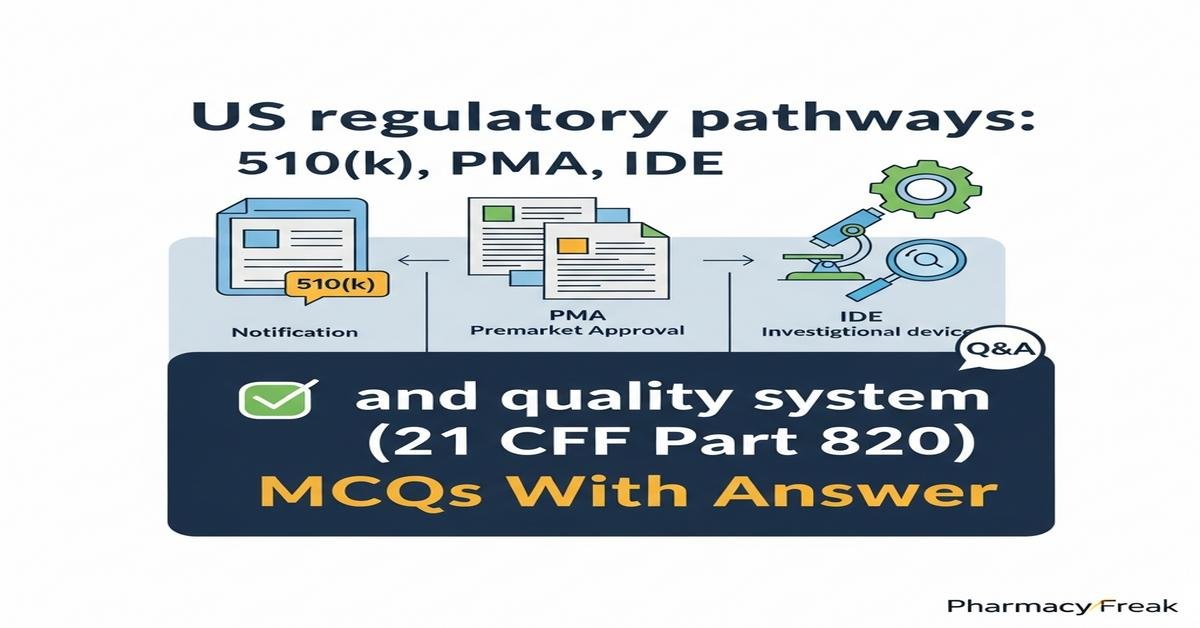 US regulatory pathways: 510(k), PMA, IDE and quality system (21 CFR Part 820) MCQs With Answer