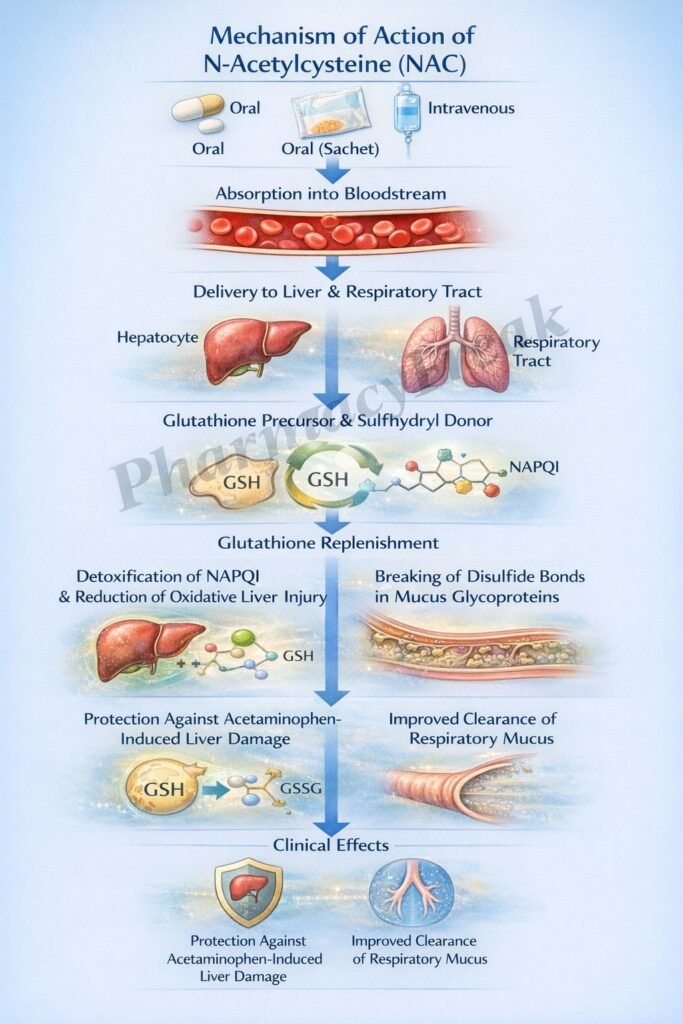 Flowchart of mechanism of action of N-Acetylcysteine