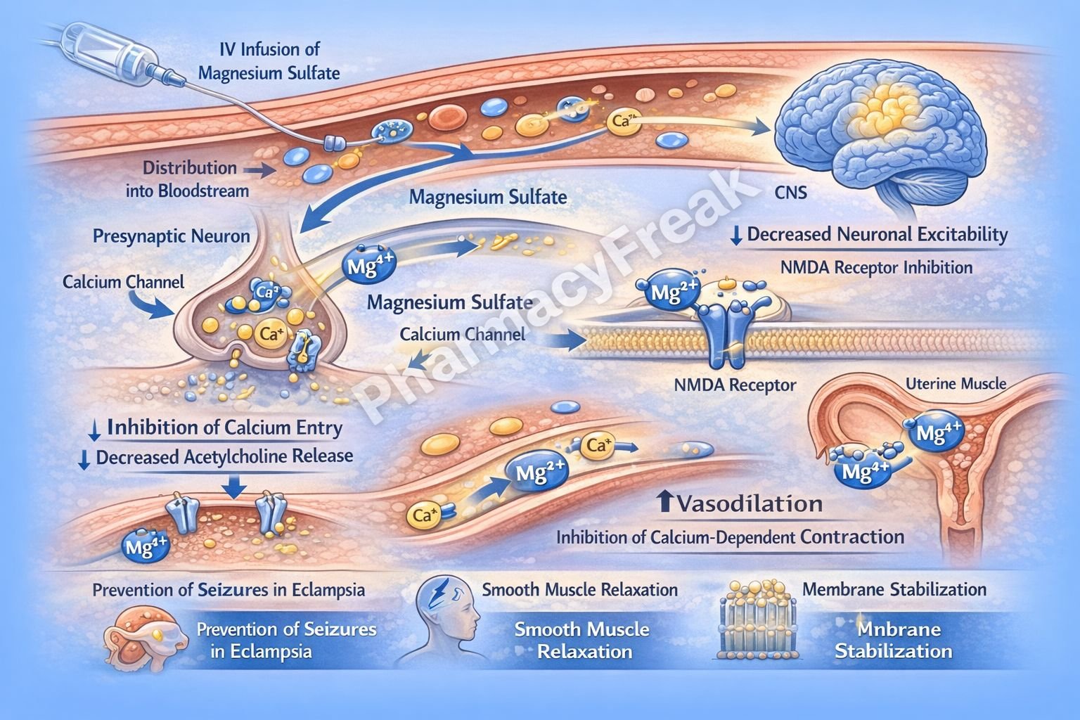 Mechanism of action of Magnesium Sulphate