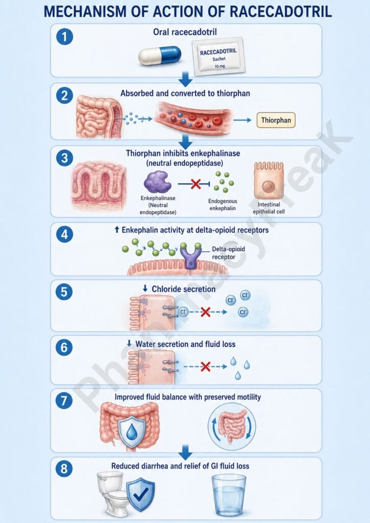 Mechanism of Action of Racecadotril Flowchart